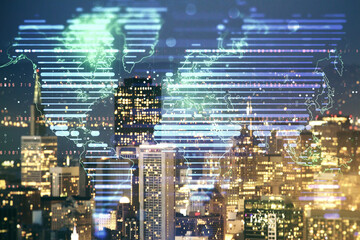Fototapeta na wymiar Multi exposure of abstract creative digital world map hologram on San Francisco skyscrapers background, research and analytics concept