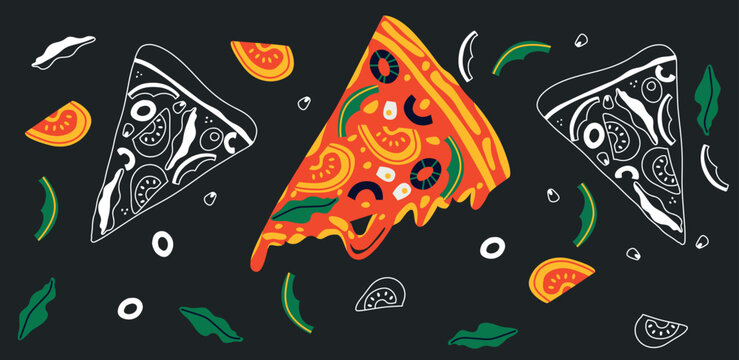 Abstract Pizza and vegetables set. Italian Pizza cartoon illustration. Vector. Funny colored typography poster, advertising, packaging print design, restaurant menu decoration.