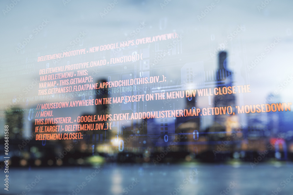 Fototapete multi exposure of abstract programming language hologram on blurry office buildings background, arti