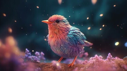 euphoria dreamy aura atmosphere, collage illustration style, cute spring bird in dreamy glitter glow night, generative Ai