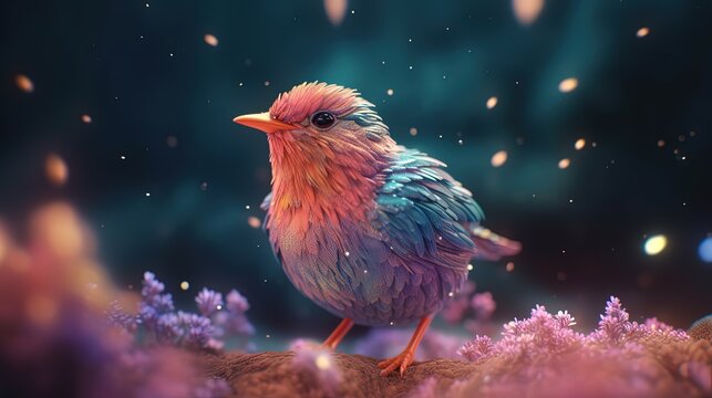 euphoria dreamy aura atmosphere, collage illustration style, cute spring bird in dreamy glitter glow night, generative Ai