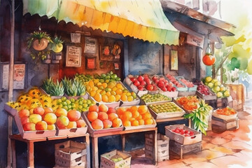 Fototapeta na wymiar Bright colorful street stall with fruits and vegetables watercolor illustration, Generative AI