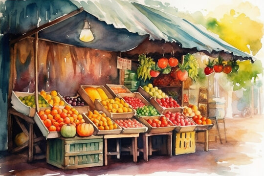 Bright colorful street stall with fruits and vegetables watercolor illustration, Generative AI