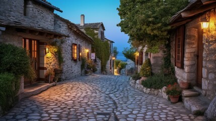 Fototapeta na wymiar Mediterranean village with cobblestone alley in the evening. Generative AI