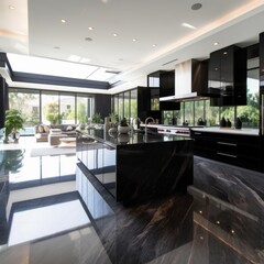 This high-end kitchen is a feast for the eyes, with polished marble floors, sleek black granite countertops, and elegant lighting fixtures that create a warm and inviting atmosphere. AI-Generated