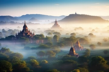Bagan Valley in Myanmar at sunset. Ancient temples and pagodas, misty sky. Generative AI