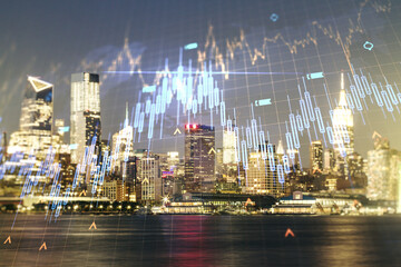 Double exposure of abstract creative financial chart hologram and world map on New York city skyscrapers background, research and strategy concept