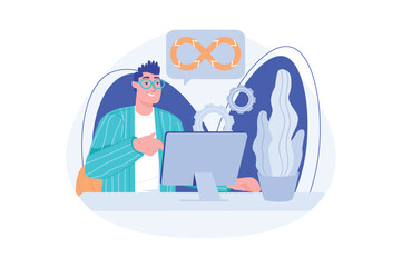 Devops blue concept with people scene in the flat cartoon design. Creative man is engaged in the development of various computer programs. Vector illustration.