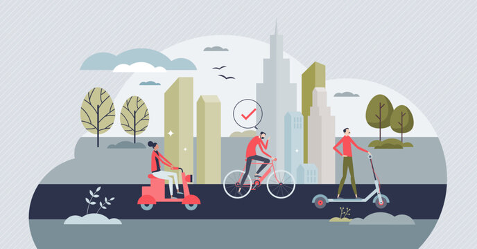 Micromobility as sustainable urban transportation type tiny person concept. Healthy and active transport sharing method with bicycle or electric scooter vector illustration. Fast and effective devices