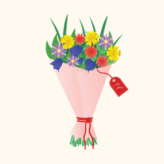 Delicate bouquet of flowers from daffodils, bluebells, cornflowers. Vector illustration. Ideal for a postcard