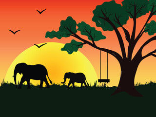Silhouette of elephants from the African savannah. Scenery. Africa. Bright vector illustration. Wild life.