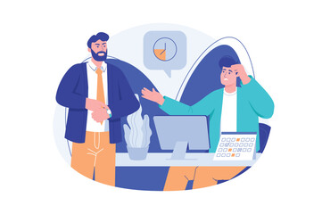 Deadline blue concept with people scene in the flat cartoon style. Director reminds the employee that tasks must be completed on time. Vector illustration.