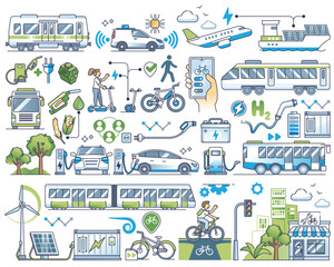 Sustainable transportation or environmental power type outline collection set. Elements with green electricity powered vehicle, aviation and public transport as smart alternative vector illustration. - obrazy, fototapety, plakaty