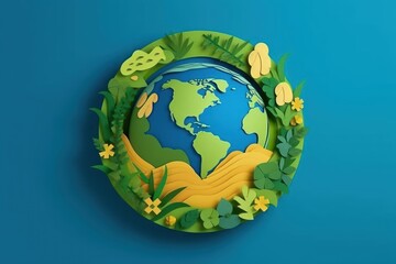 Fototapeta premium Eco friendly Earth in papercut style blue background, Earth day and World Environment day. Generative Ai