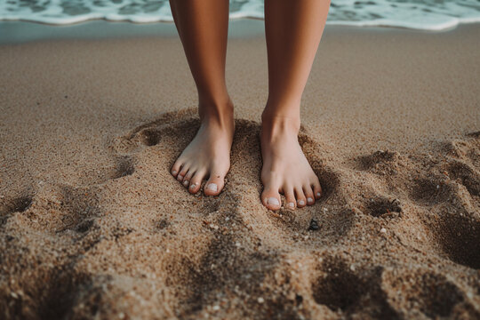 Female feet on the beach sand, Generative AI