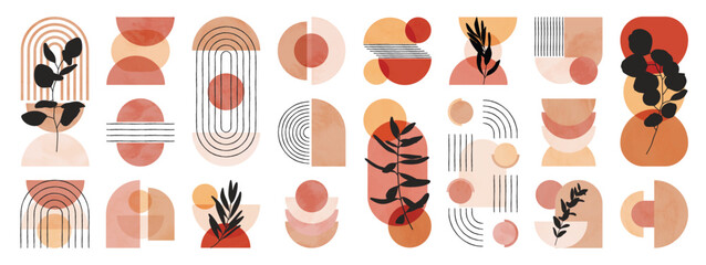 Fototapeta na wymiar Hand drawn abstract minimal element mid century vector set. Aesthetic contemporary stripe line art, watercolor geometric shapes in earth tone. Art form design for wall art, decoration, wallpaper.
