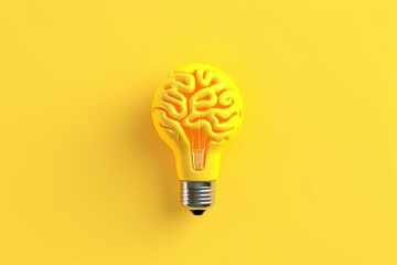 Lightbulb as brain shape yellow background, creative ideas and brainstorming concept. Generative AI - obrazy, fototapety, plakaty
