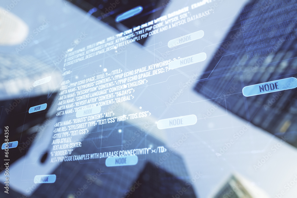 Poster abstract virtual coding illustration on modern architecture background, software development concept