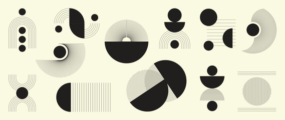 Hand drawn abstract minimal element mid century vector set. Aesthetic contemporary stripe line art, geometric shape in monochrome, black and white. Art form design for wall art, decoration, wallpaper.