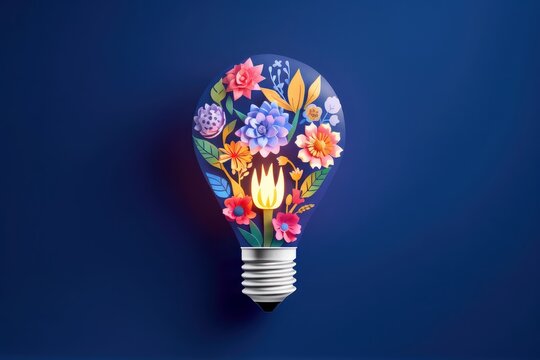 Eco friendly lightbulb with flowers blue background, Renewable and sustainable energy. Generative AI