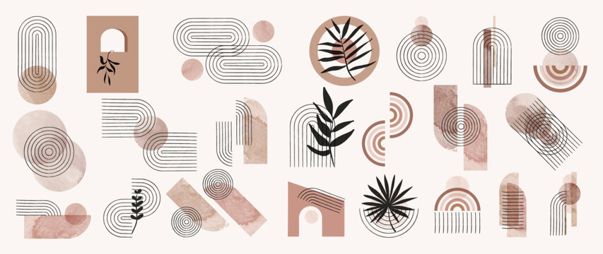 Hand drawn abstract minimal element mid century vector set. Aesthetic contemporary stripe line art, watercolor geometric shapes in earth tone. Art form design for wall art, decoration, wallpaper.