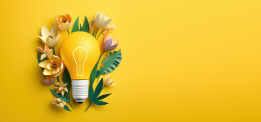 Eco friendly lightbulb with flowers yellow background, Renewable and sustainable energy. Generative AI