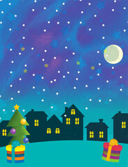 cartoon happy and funny scene with christmas tree in the night - illustration for children