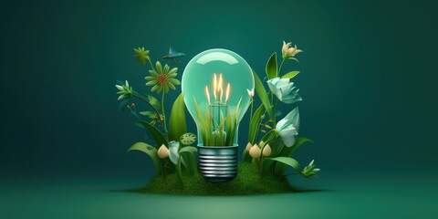Eco friendly lightbulb with plants green background, Renewable and sustainable energy. Generative AI