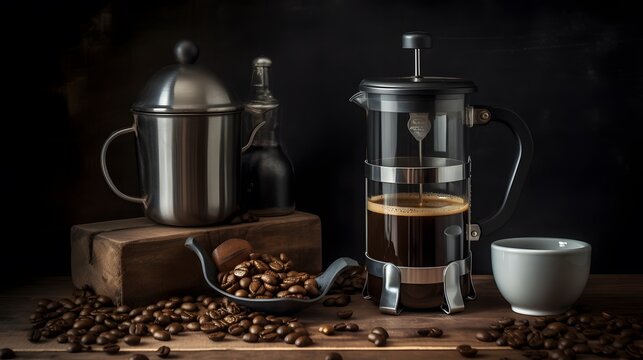 Coffee Beans And French Press Machine, Award Winning Photography