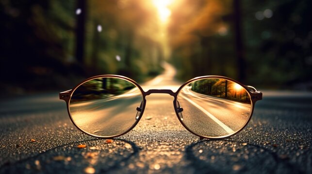 Creative trending photography of the road leading to the light source behind the glasses. Generative ai.