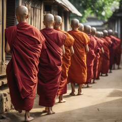 Novice Buddhist monks standing barefoot in a row, rear view. Generative AI