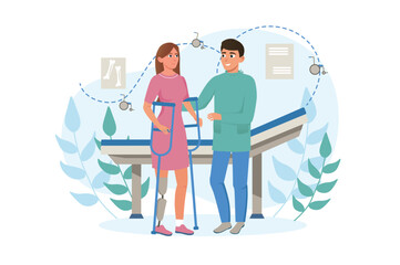 Disability rehabilitation medicine concept with people scene in the flat cartoon design. A doctor helps a woman get used to a new prosthesis that replaces her leg. Vector illustration.