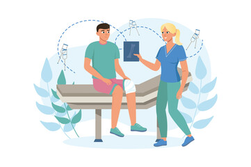 Surgeon's appointment medicine concept with people scene in the flat cartoon style. The surgeon advises the patient how to treat his knee. Vector illustration.