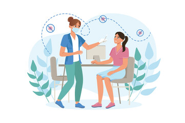 Covid test medicine concept with people scene in the flat cartoon design. Girl came to the special laboratory to do COVID test. Vector illustration.