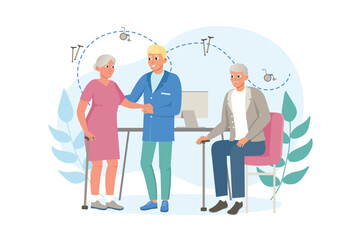 Elderly people medicine concept with people scene in the flat cartoon style. Elderly people stay in the hospital for doctors to monitor their health. Vector illustration.
