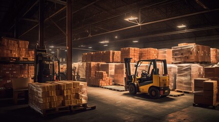 Fototapeta na wymiar Photo of a large warehouse with goods, a loader sorts goods. Generative ai.