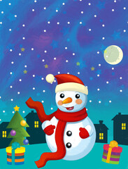 Christmas happy scene with different animals santa claus and snowman - illustration for the children