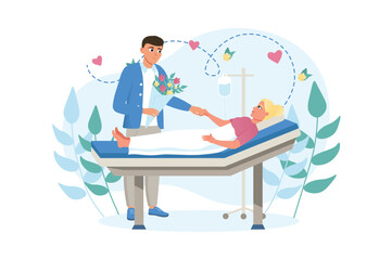 Medicine concept Hospital visitors with people scene in the flat cartoon design. A man came with a bouquet of flowers to visit his wife in the hospital. Vector illustration.