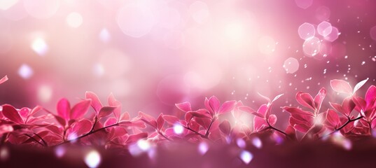 Floral branch pink shiny light sparkle background. Generative AI technology.