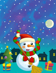 Christmas happy scene with different animals santa claus and snowman - illustration for the children