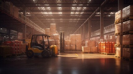 Photo of a large warehouse with goods, a loader sorts goods. Generative ai.