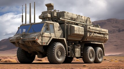 Obraz premium Imposing Military Vehicle: Showcase of Advanced Defense, Tactical Mobility, Armor Strength, and Strategic Warfare