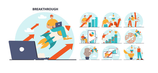 Breakthrough concept set. Courage and motivation to break the obstacle