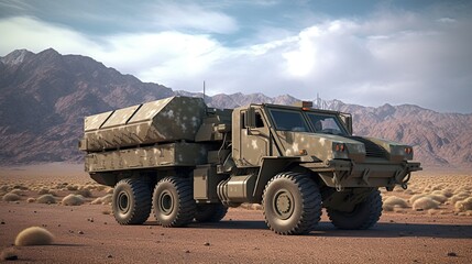 Obraz premium Imposing Military Vehicle: Showcase of Advanced Defense, Tactical Mobility, Armor Strength, and Strategic Warfare