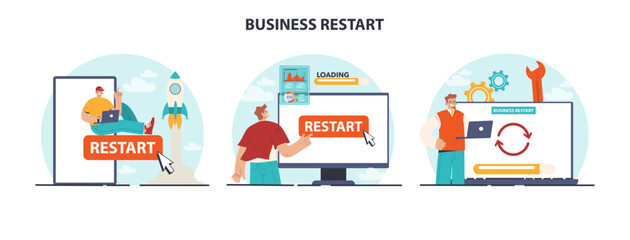 Business restart set. Company reopening or project reboot. New chance