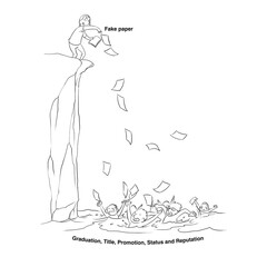 This cartoon satirizes those who have gained status and fame through academic fraud.