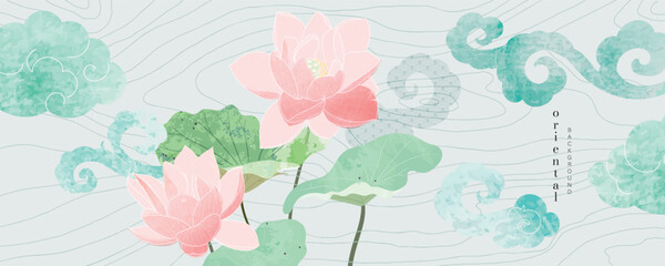 Asian background ,Oriental Chinese and Japanese style abstract pattern background design with lotus flower decorate in water color texture - 600686327