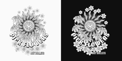Black and white summer label with sun, peace symbol, chamomile, text. Groovy, hippie retro style. For clothing, apparel, T-shirts, surface decoration