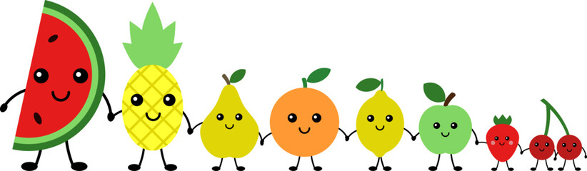 Funny fruits and berries are holding hands, vector. Watermelon and pineapple, pear and apple, orange and lemon, strawberry, cherry. Fruits and berries with cute smiling faces are holding hands.