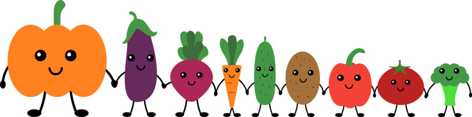 Funny vegetables hold hands, vector. Pumpkin and eggplant, beets and carrots, potatoes, cucumbers and tomatoes, peppers and broccoli. Vegetables with cute faces.